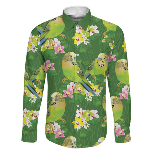 Australia Budgerigars Parakeets Family Matching Summer Maxi Dress and Hawaiian Shirt Green And Yellow Bird Seamless Orchids Flowers