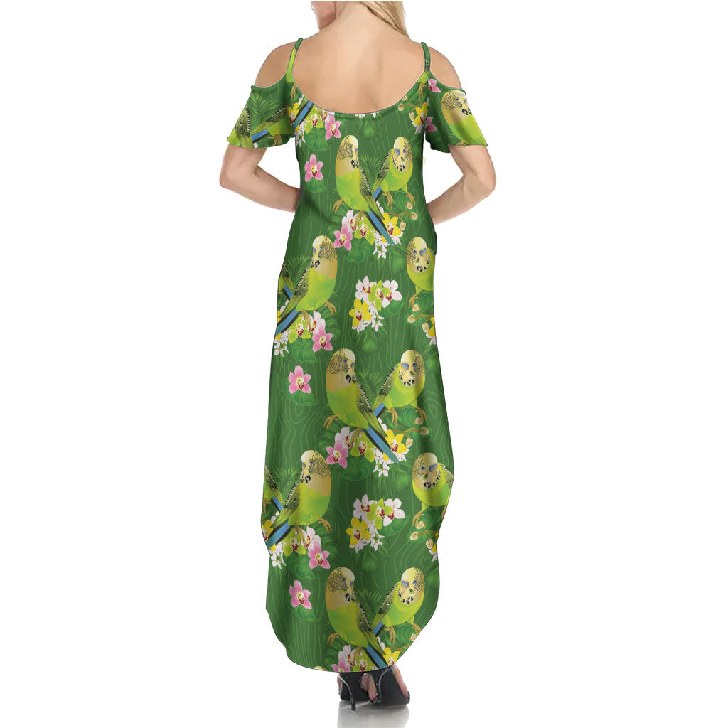 Australia Budgerigars Parakeets Family Matching Summer Maxi Dress and Hawaiian Shirt Green And Yellow Bird Seamless Orchids Flowers