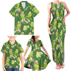 Australia Budgerigars Parakeets Family Matching Tank Maxi Dress and Hawaiian Shirt Green And Yellow Bird Seamless Orchids Flowers