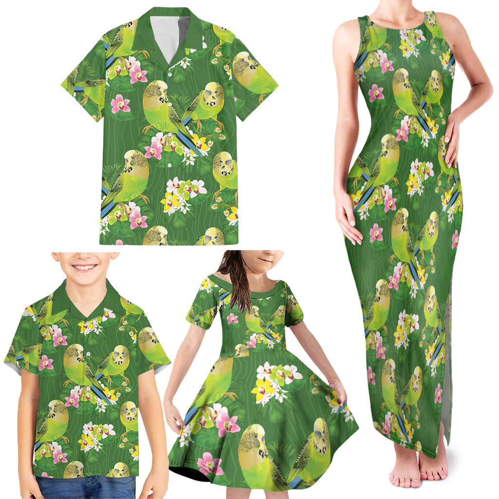 Australia Budgerigars Parakeets Family Matching Tank Maxi Dress and Hawaiian Shirt Green And Yellow Bird Seamless Orchids Flowers