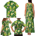 Australia Budgerigars Parakeets Family Matching Tank Maxi Dress and Hawaiian Shirt Green And Yellow Bird Seamless Orchids Flowers