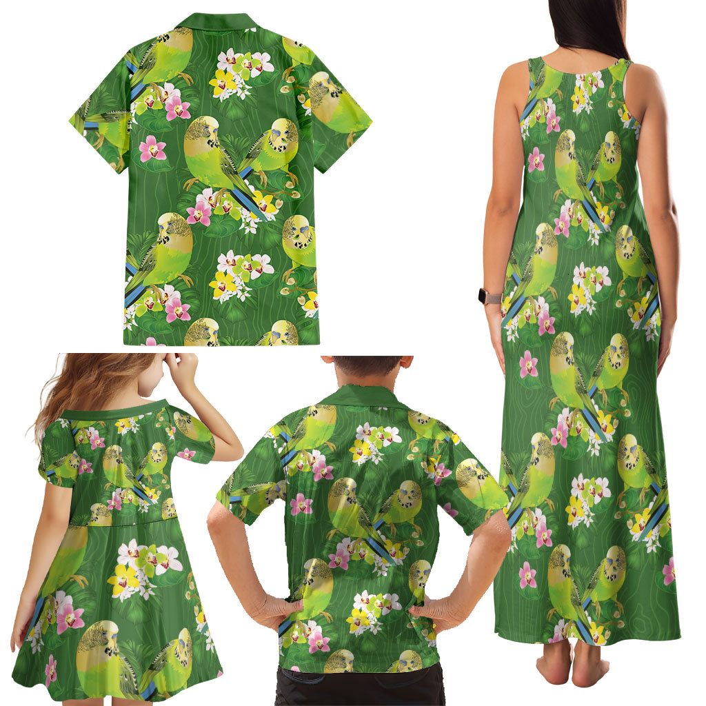 Australia Budgerigars Parakeets Family Matching Tank Maxi Dress and Hawaiian Shirt Green And Yellow Bird Seamless Orchids Flowers