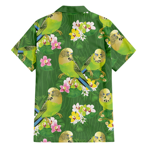 Australia Budgerigars Parakeets Family Matching Tank Maxi Dress and Hawaiian Shirt Green And Yellow Bird Seamless Orchids Flowers