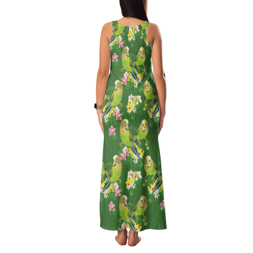 Australia Budgerigars Parakeets Family Matching Tank Maxi Dress and Hawaiian Shirt Green And Yellow Bird Seamless Orchids Flowers