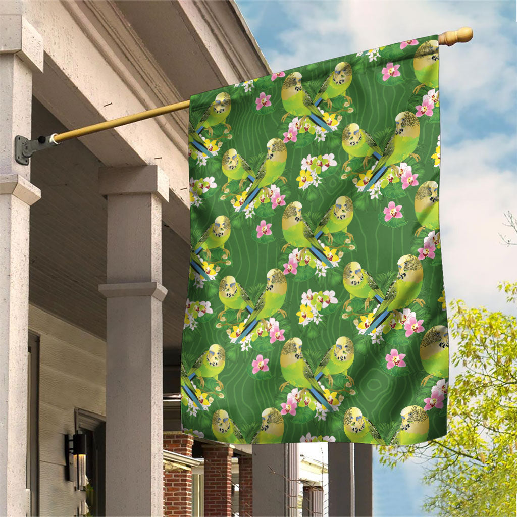Australia Budgerigars Parakeets Garden Flag Green And Yellow Bird Seamless Orchids Flowers