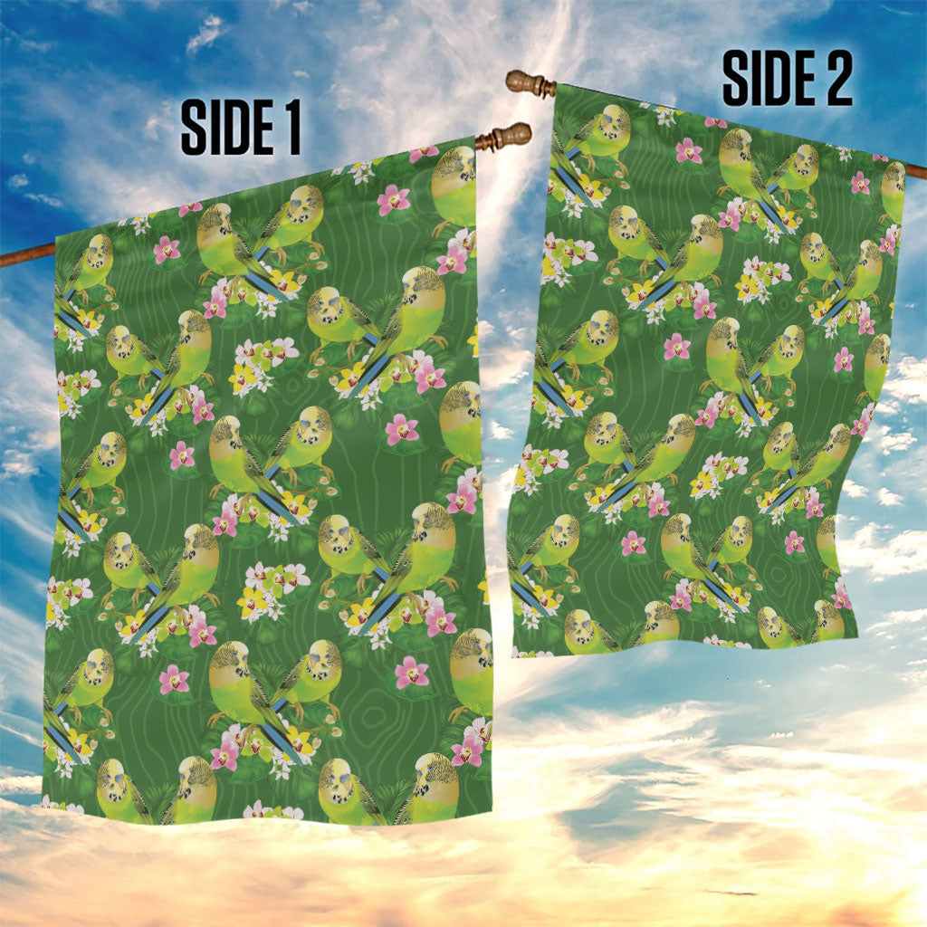 Australia Budgerigars Parakeets Garden Flag Green And Yellow Bird Seamless Orchids Flowers