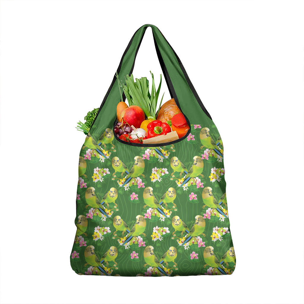 Australia Budgerigars Parakeets Grocery Bag Green And Yellow Bird Seamless Orchids Flowers