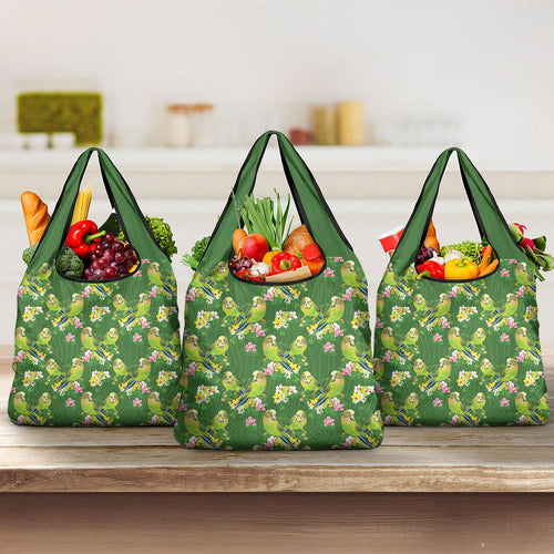Australia Budgerigars Parakeets Grocery Bag Green And Yellow Bird Seamless Orchids Flowers