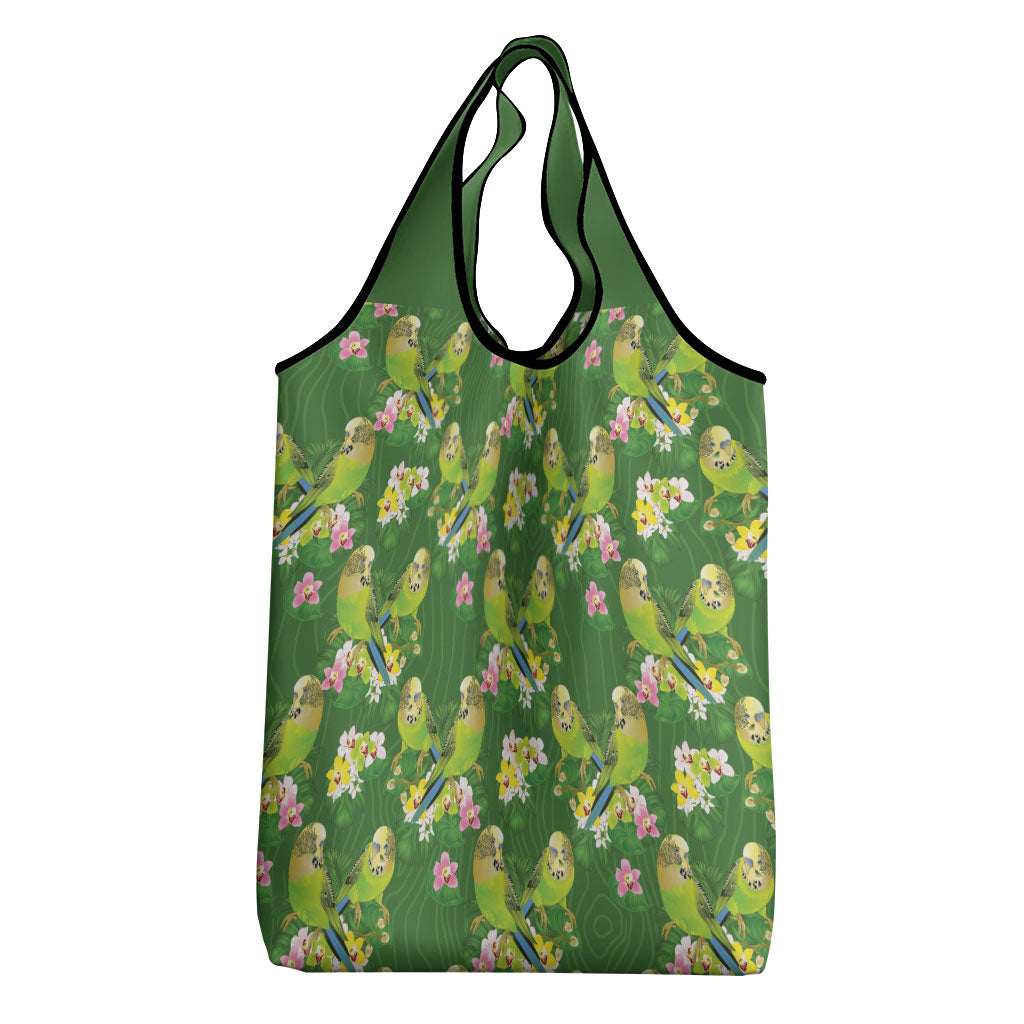Australia Budgerigars Parakeets Grocery Bag Green And Yellow Bird Seamless Orchids Flowers