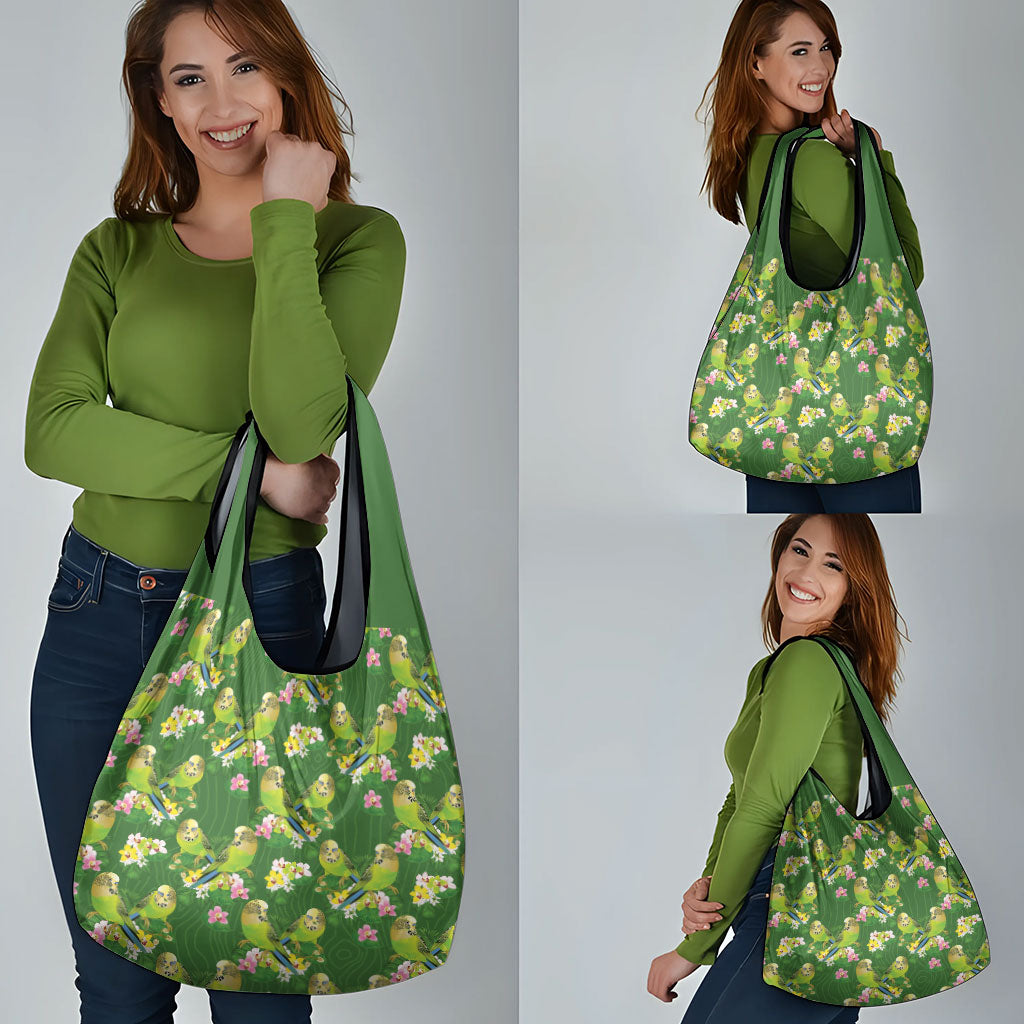 Australia Budgerigars Parakeets Grocery Bag Green And Yellow Bird Seamless Orchids Flowers
