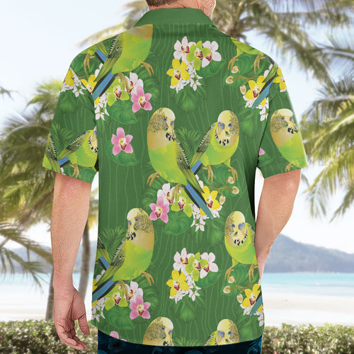 Australia Budgerigars Parakeets Hawaiian Shirt Green And Yellow Bird Seamless Orchids Flowers