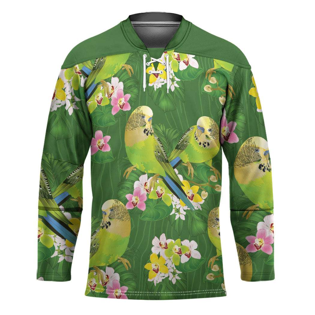 Australia Budgerigars Parakeets Hockey Jersey Green And Yellow Bird Seamless Orchids Flowers