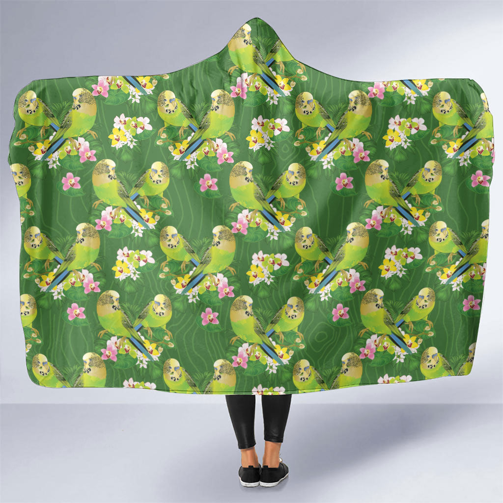 Australia Budgerigars Parakeets Hooded Blanket Green And Yellow Bird Seamless Orchids Flowers