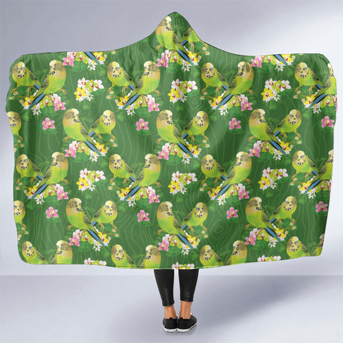 Australia Budgerigars Parakeets Hooded Blanket Green And Yellow Bird Seamless Orchids Flowers