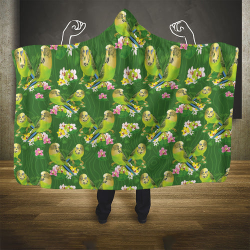Australia Budgerigars Parakeets Hooded Blanket Green And Yellow Bird Seamless Orchids Flowers