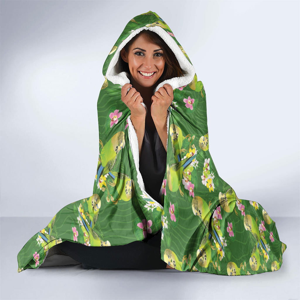 Australia Budgerigars Parakeets Hooded Blanket Green And Yellow Bird Seamless Orchids Flowers