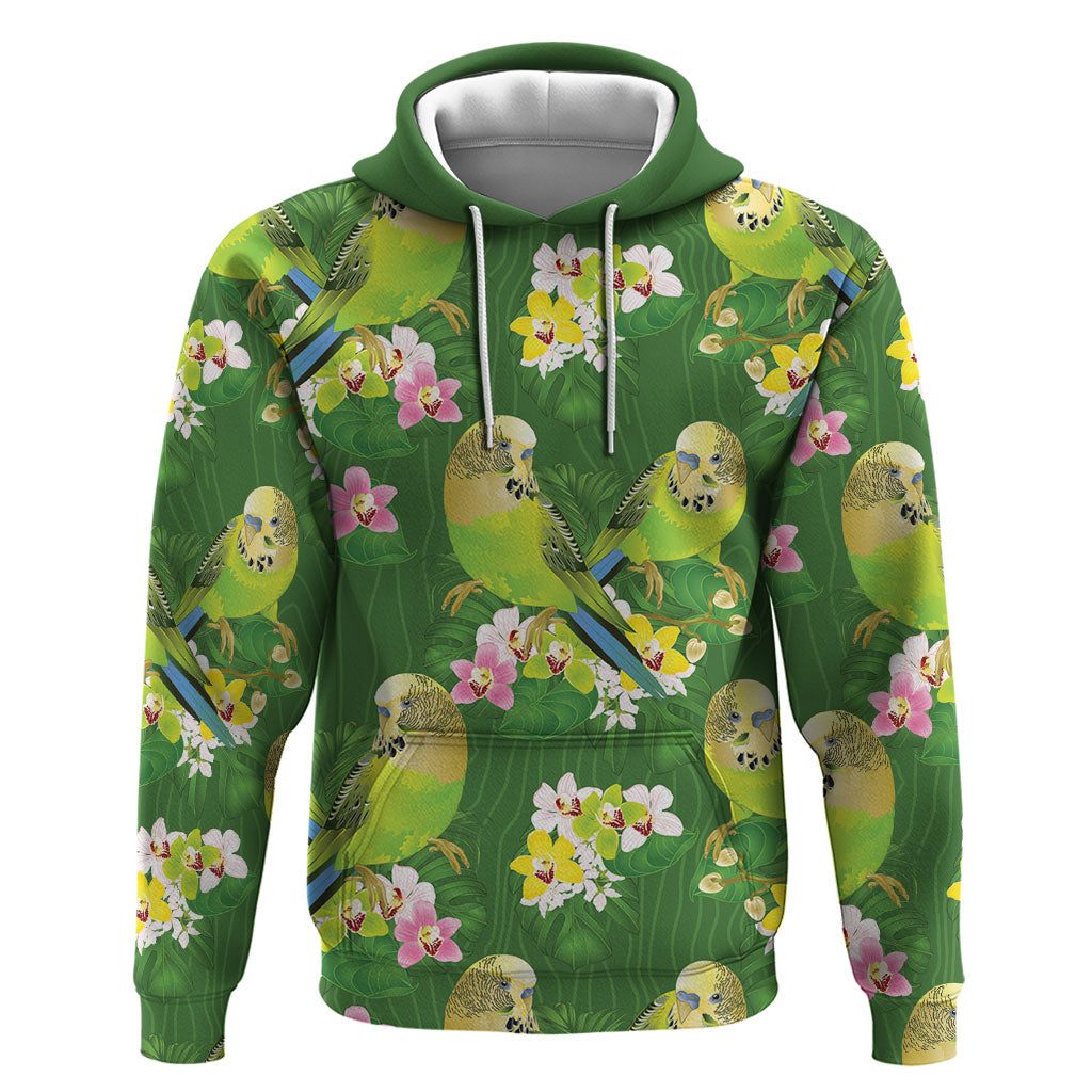 Australia Budgerigars Parakeets Hoodie Green And Yellow Bird Seamless Orchids Flowers