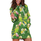 Australia Budgerigars Parakeets Hoodie Dress Green And Yellow Bird Seamless Orchids Flowers
