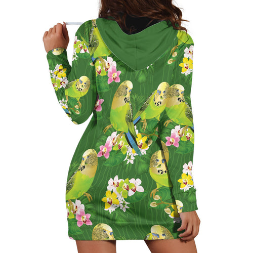 Australia Budgerigars Parakeets Hoodie Dress Green And Yellow Bird Seamless Orchids Flowers