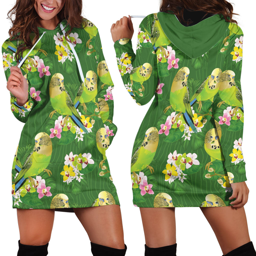 Australia Budgerigars Parakeets Hoodie Dress Green And Yellow Bird Seamless Orchids Flowers