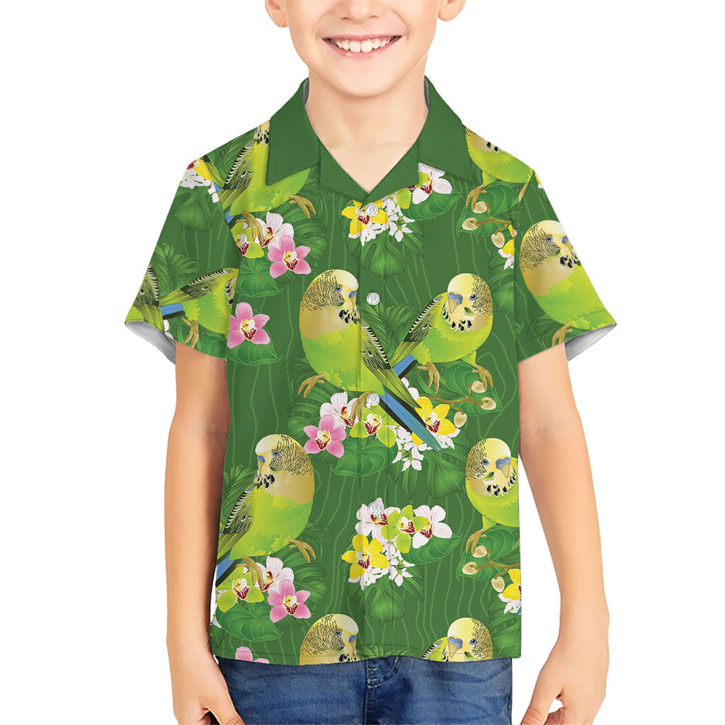 Australia Budgerigars Parakeets Kid Hawaiian Shirt Green And Yellow Bird Seamless Orchids Flowers
