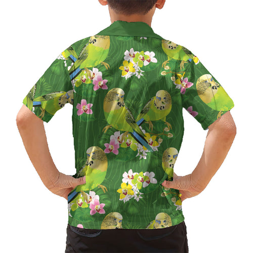 Australia Budgerigars Parakeets Kid Hawaiian Shirt Green And Yellow Bird Seamless Orchids Flowers