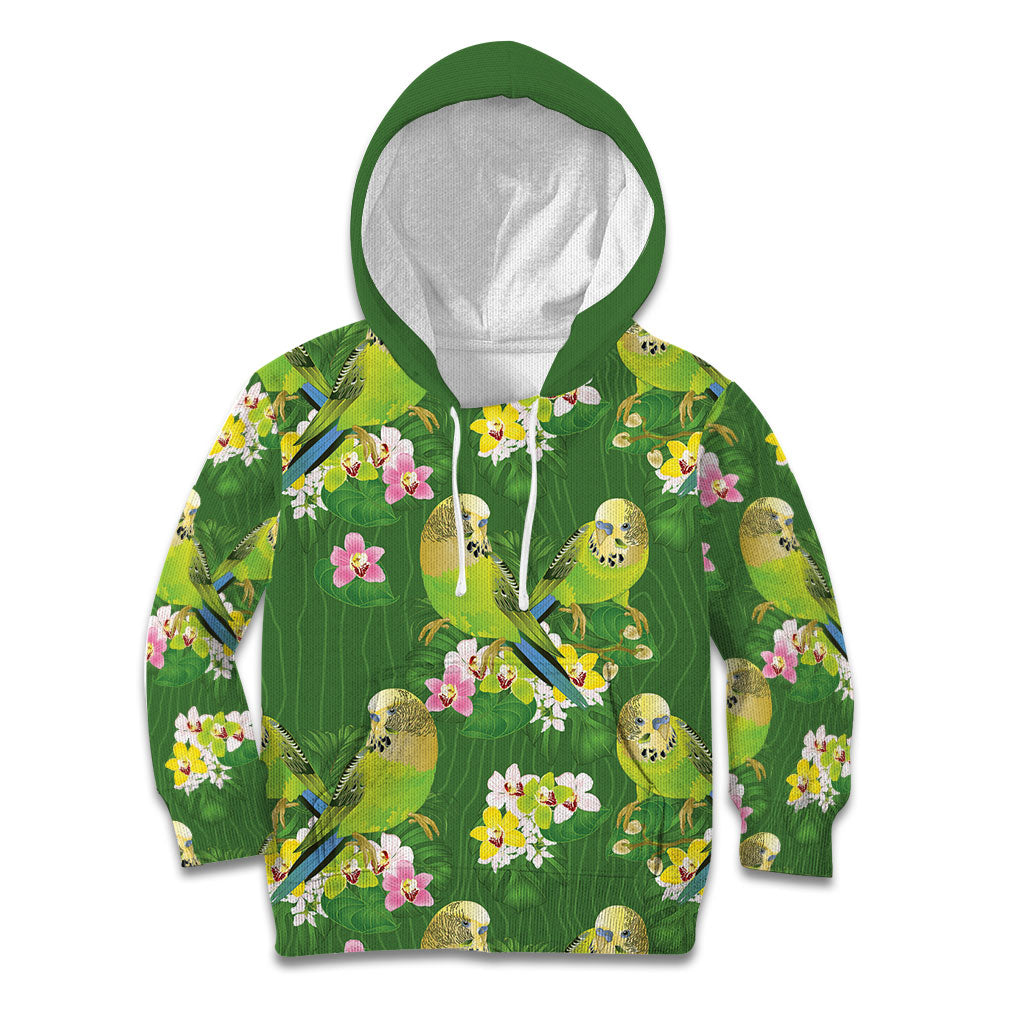 Australia Budgerigars Parakeets Kid Hoodie Green And Yellow Bird Seamless Orchids Flowers