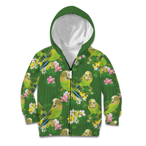 Australia Budgerigars Parakeets Kid Hoodie Green And Yellow Bird Seamless Orchids Flowers