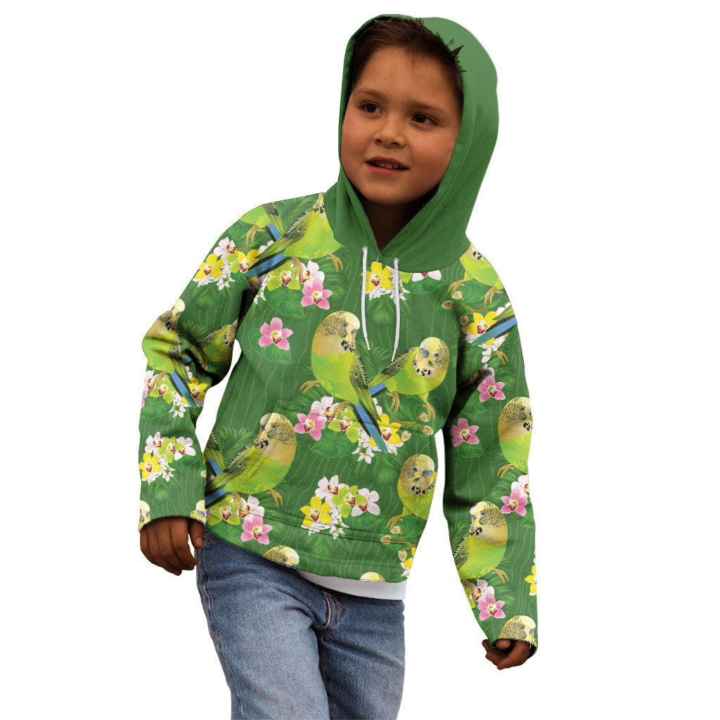 Australia Budgerigars Parakeets Kid Hoodie Green And Yellow Bird Seamless Orchids Flowers