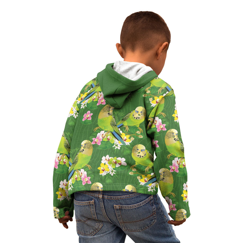 Australia Budgerigars Parakeets Kid Hoodie Green And Yellow Bird Seamless Orchids Flowers