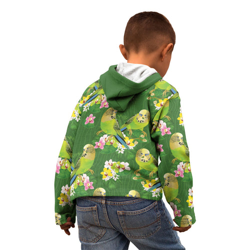 Australia Budgerigars Parakeets Kid Hoodie Green And Yellow Bird Seamless Orchids Flowers