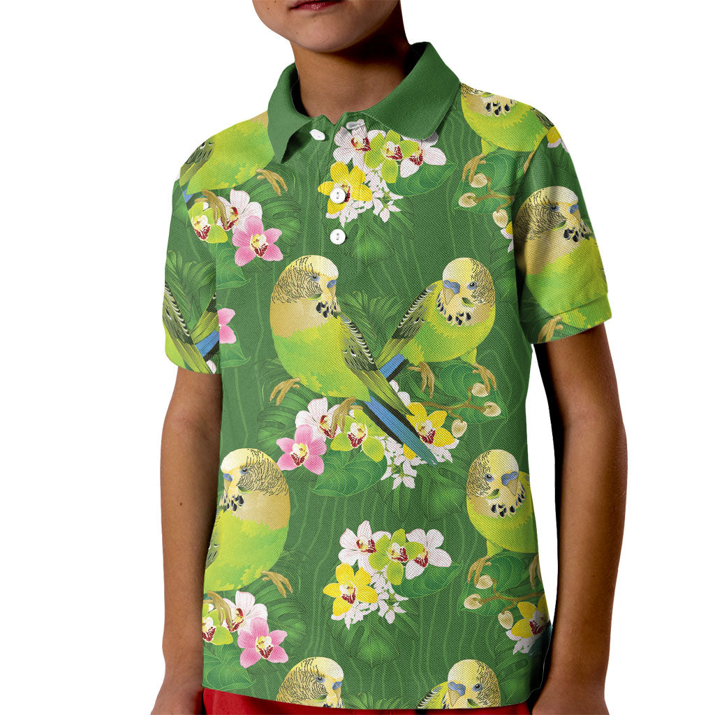 Australia Budgerigars Parakeets Kid Polo Shirt Green And Yellow Bird Seamless Orchids Flowers