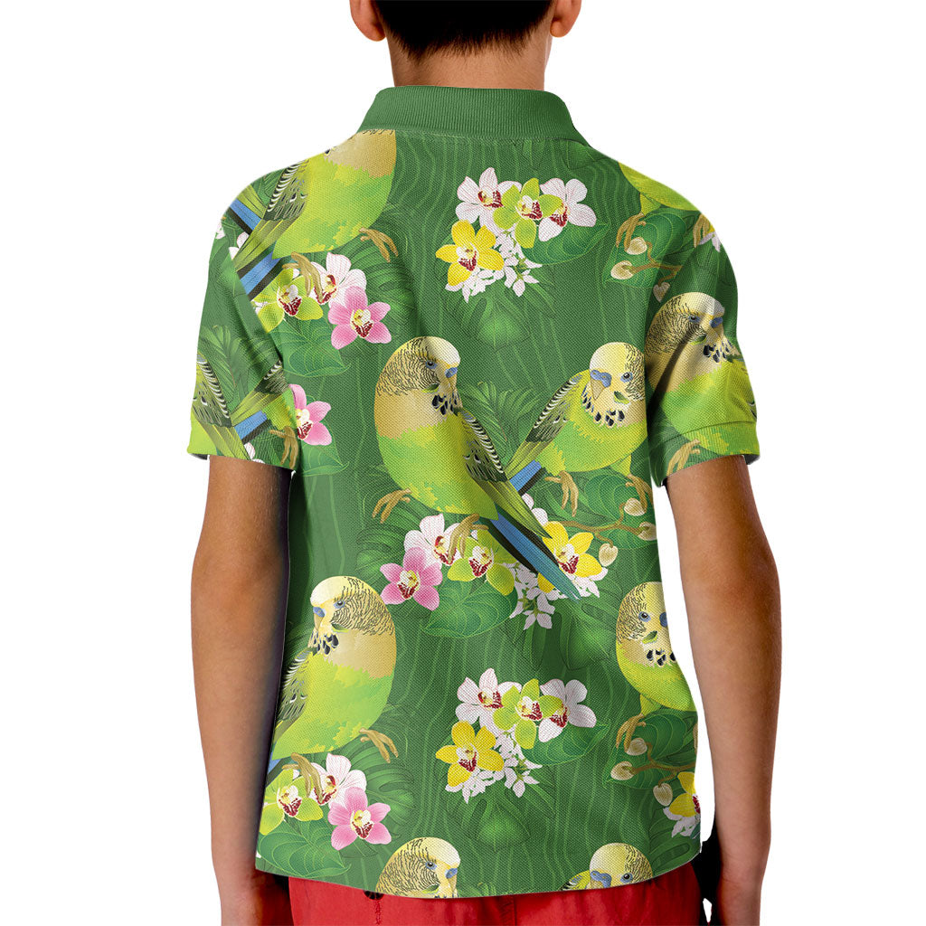 Australia Budgerigars Parakeets Kid Polo Shirt Green And Yellow Bird Seamless Orchids Flowers