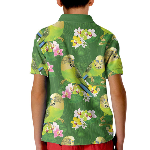 Australia Budgerigars Parakeets Kid Polo Shirt Green And Yellow Bird Seamless Orchids Flowers