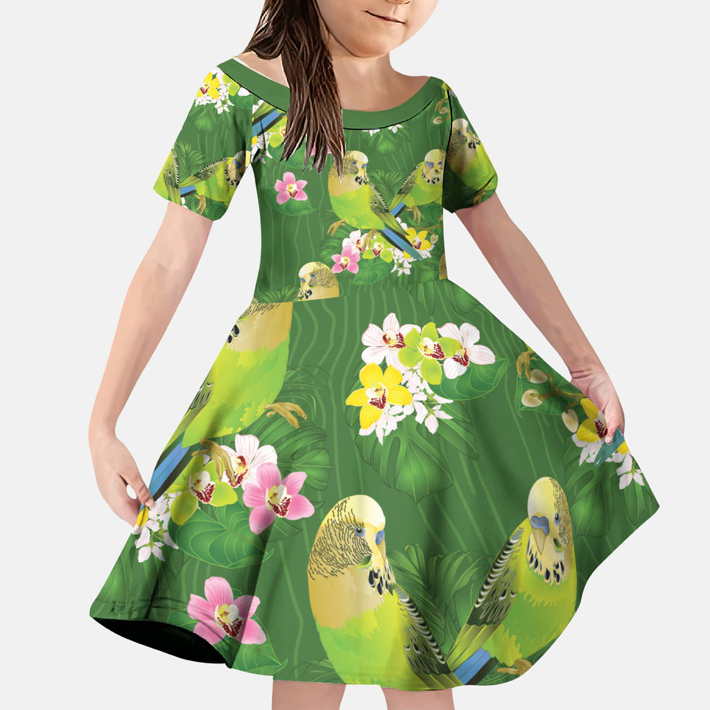 Australia Budgerigars Parakeets Kid Short Sleeve Dress Green And Yellow Bird Seamless Orchids Flowers