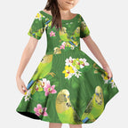 Australia Budgerigars Parakeets Kid Short Sleeve Dress Green And Yellow Bird Seamless Orchids Flowers