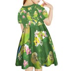 Australia Budgerigars Parakeets Kid Short Sleeve Dress Green And Yellow Bird Seamless Orchids Flowers