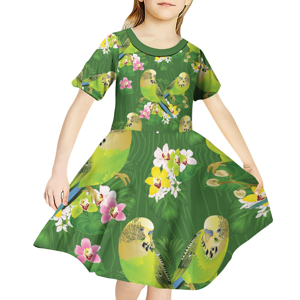 Australia Budgerigars Parakeets Kid Short Sleeve Dress Green And Yellow Bird Seamless Orchids Flowers