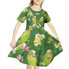 Australia Budgerigars Parakeets Kid Short Sleeve Dress Green And Yellow Bird Seamless Orchids Flowers