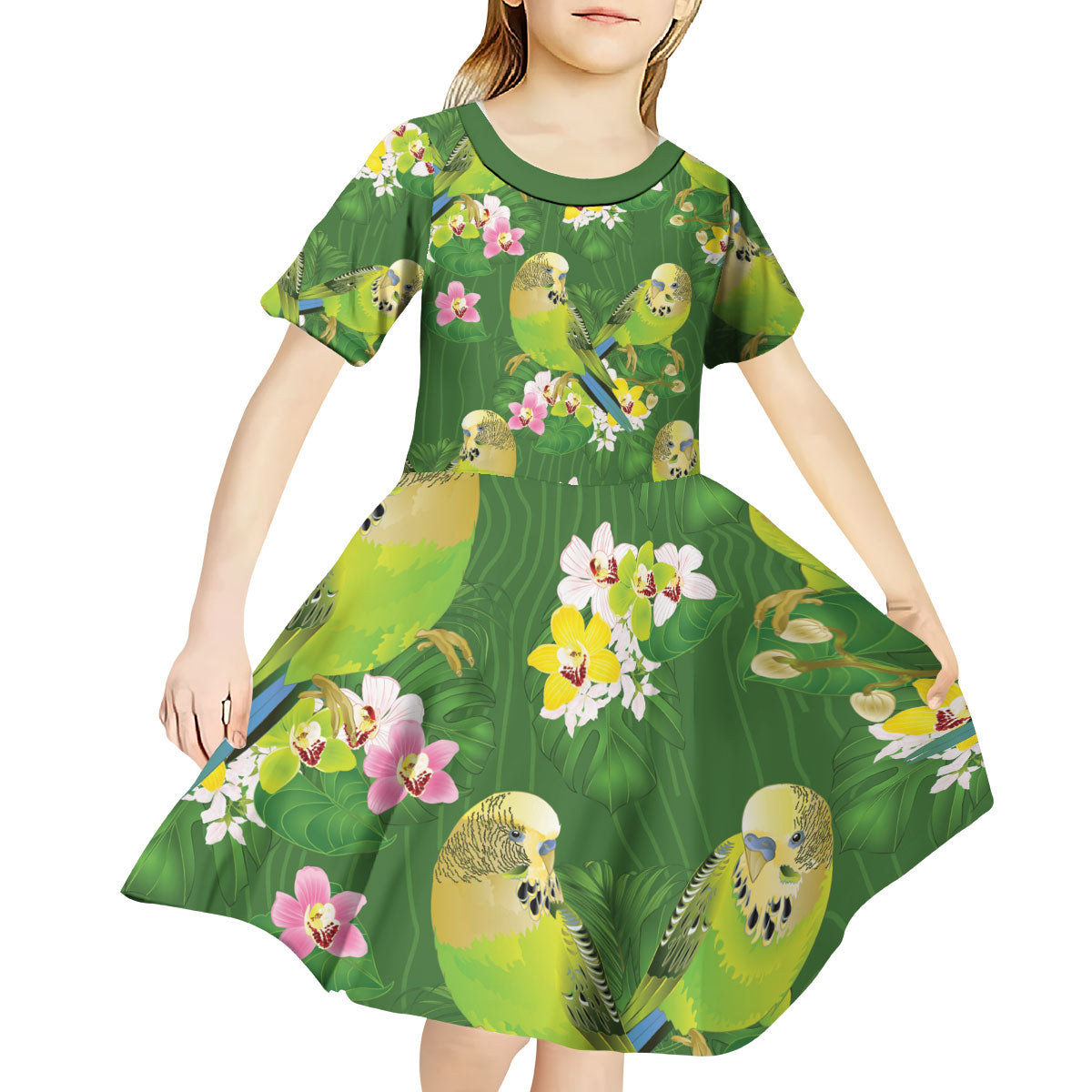 Australia Budgerigars Parakeets Kid Short Sleeve Dress Green And Yellow Bird Seamless Orchids Flowers