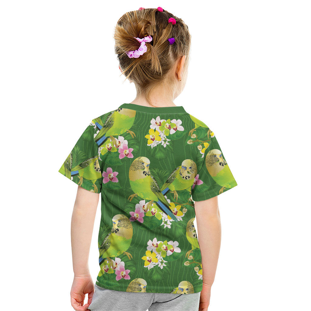 Australia Budgerigars Parakeets Kid T Shirt Green And Yellow Bird Seamless Orchids Flowers