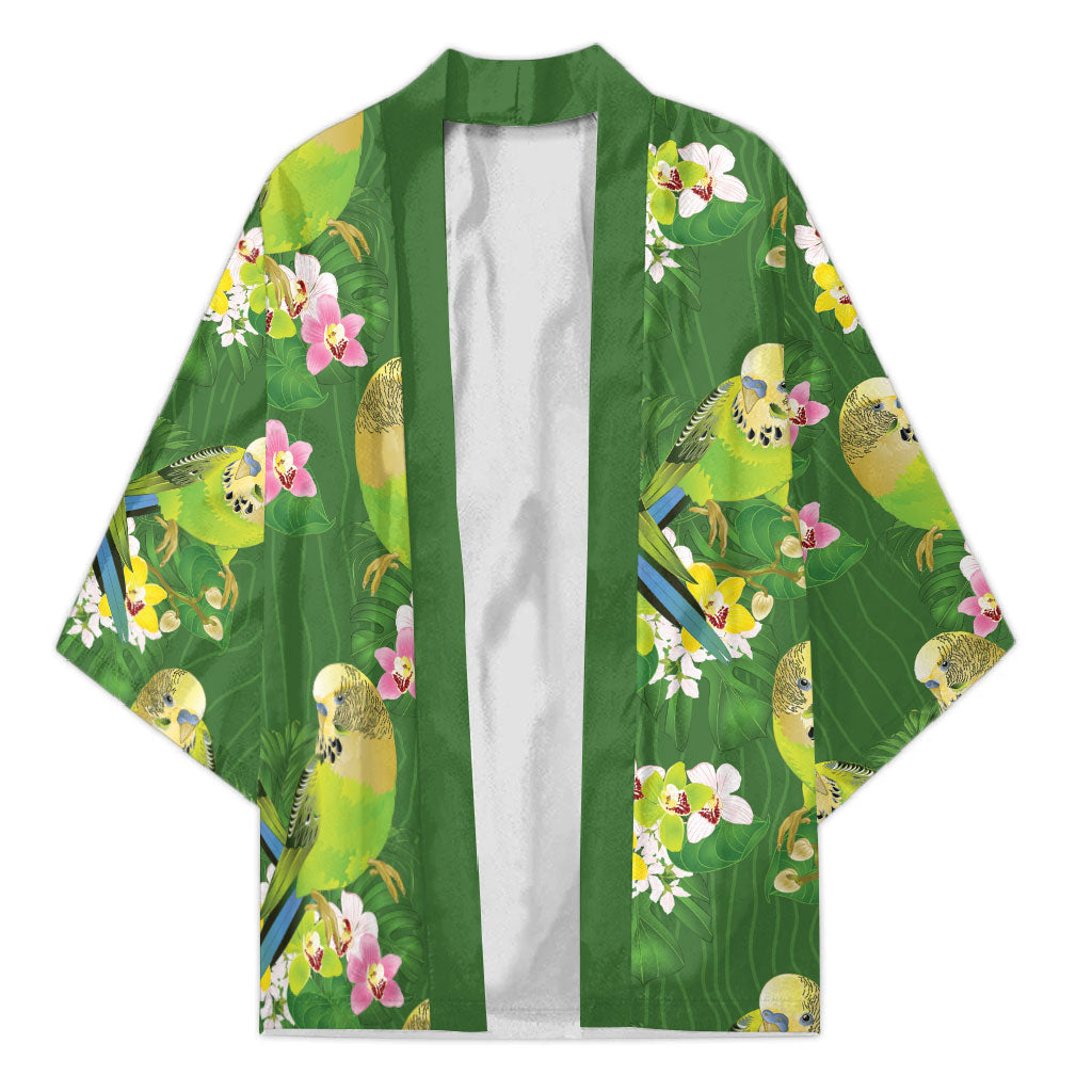 Australia Budgerigars Parakeets Kimono Green And Yellow Bird Seamless Orchids Flowers
