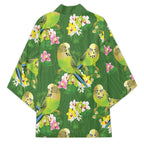Australia Budgerigars Parakeets Kimono Green And Yellow Bird Seamless Orchids Flowers