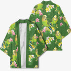 Australia Budgerigars Parakeets Kimono Green And Yellow Bird Seamless Orchids Flowers