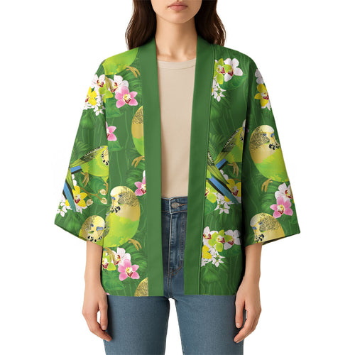 Australia Budgerigars Parakeets Kimono Green And Yellow Bird Seamless Orchids Flowers