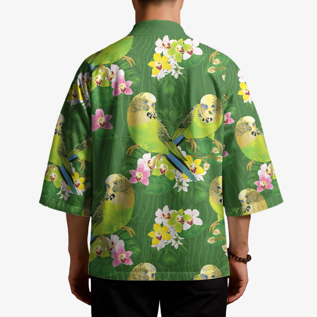 Australia Budgerigars Parakeets Kimono Green And Yellow Bird Seamless Orchids Flowers