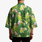 Australia Budgerigars Parakeets Kimono Green And Yellow Bird Seamless Orchids Flowers