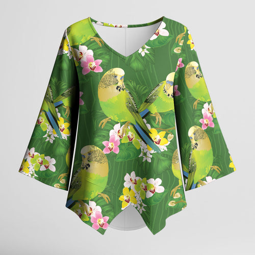 Australia Budgerigars Parakeets Kimono Sleeve Blouse Green And Yellow Bird Seamless Orchids Flowers