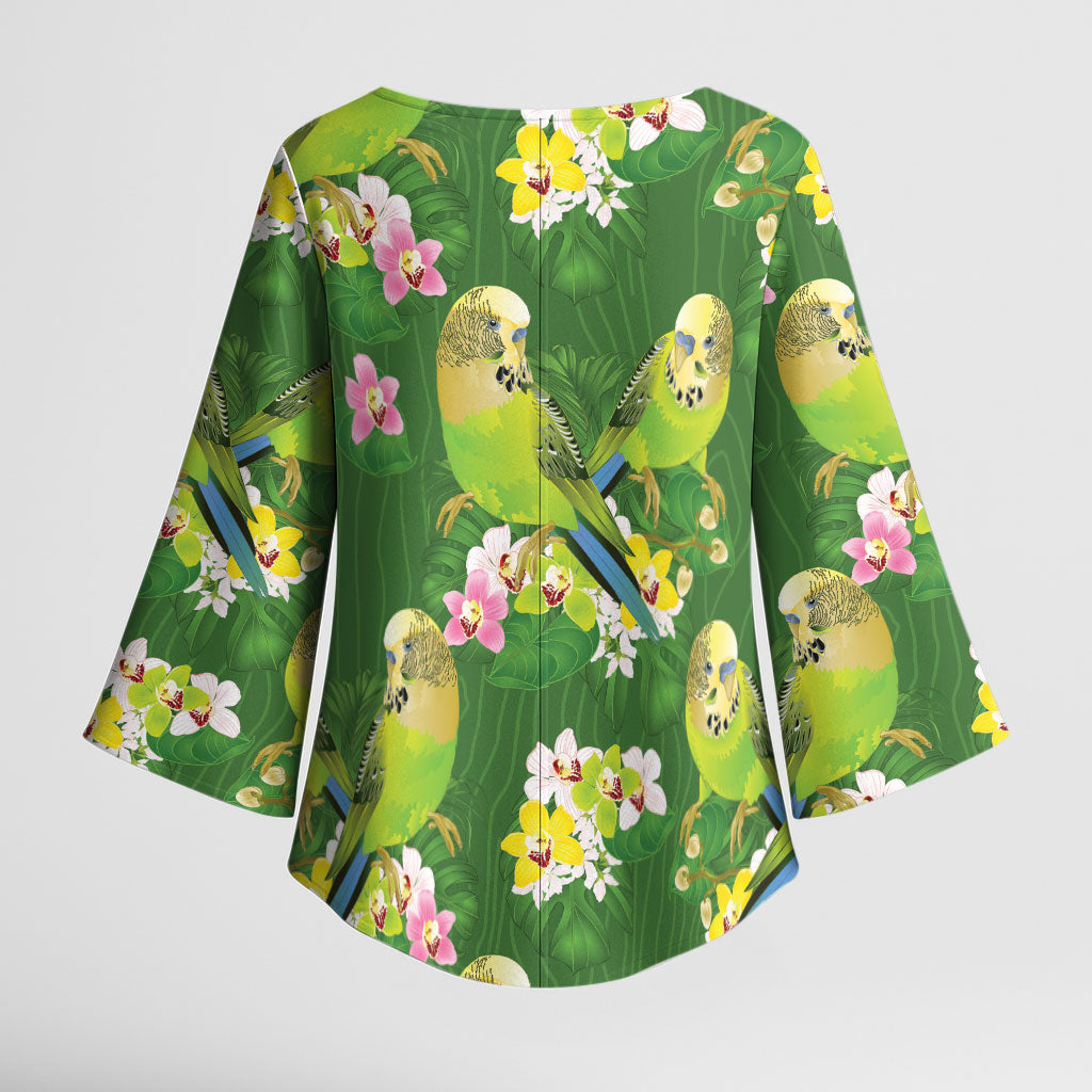 Australia Budgerigars Parakeets Kimono Sleeve Blouse Green And Yellow Bird Seamless Orchids Flowers