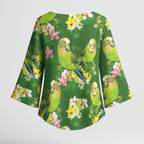 Australia Budgerigars Parakeets Kimono Sleeve Blouse Green And Yellow Bird Seamless Orchids Flowers